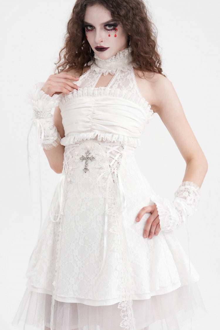 White Bow Lace Lace-Up Mesh Eyelet Women's Gothic Gorgeous Palace Arm Sleeves - Product - 9