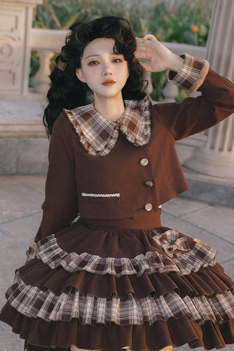 Dark Brown Multi-layer Bowknot College Style Autumn Winter Princess Sweet Lolita Skirt Set - Product - 7