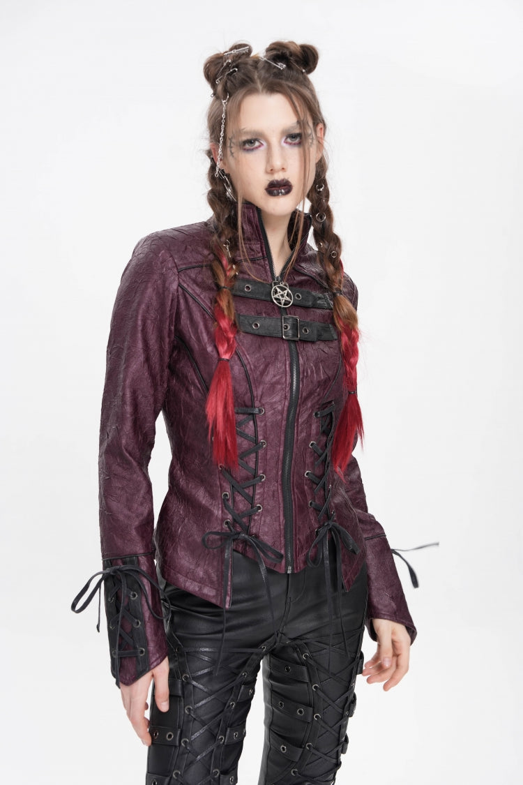 Red Pentacle Lace-Up Buckle Women's Punk Jacket - Product - 2