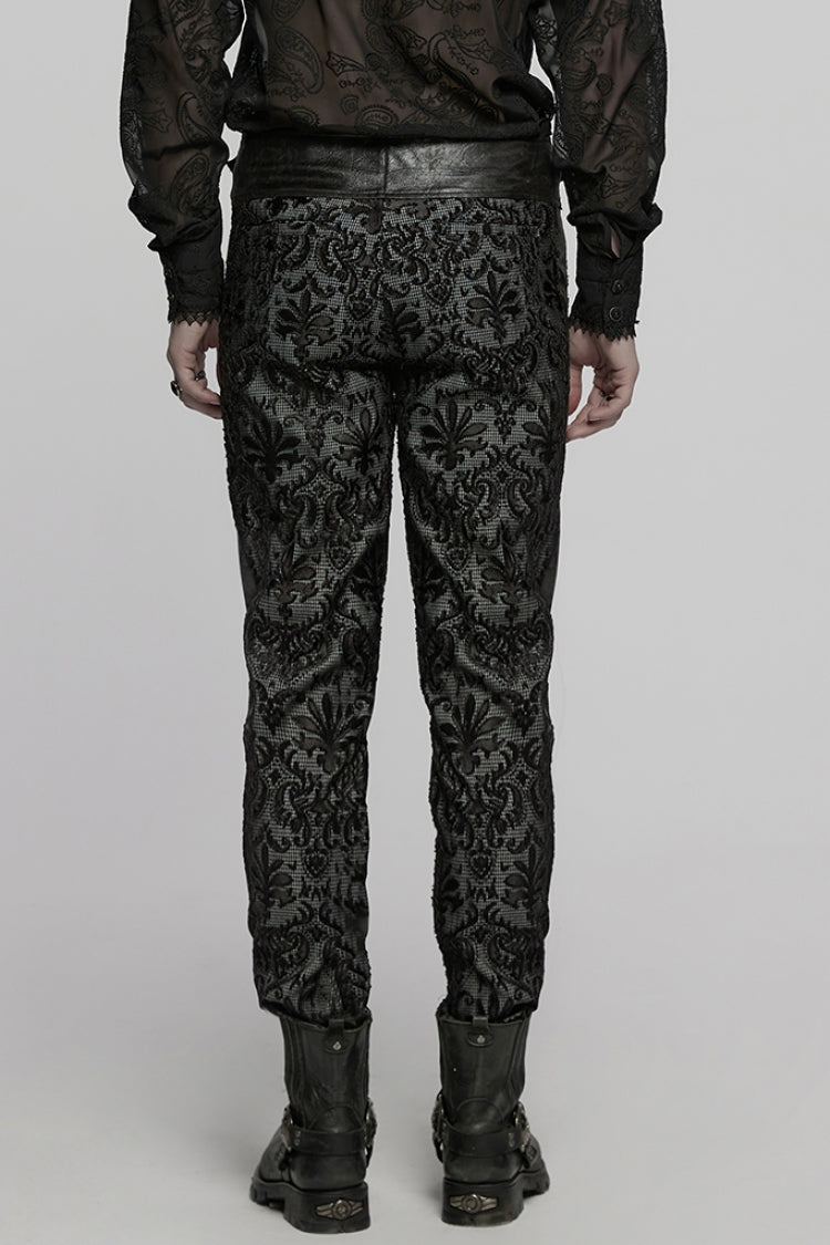 Black Print Floral Embroidery Buckle Men's Gothic Pants - Product - 3