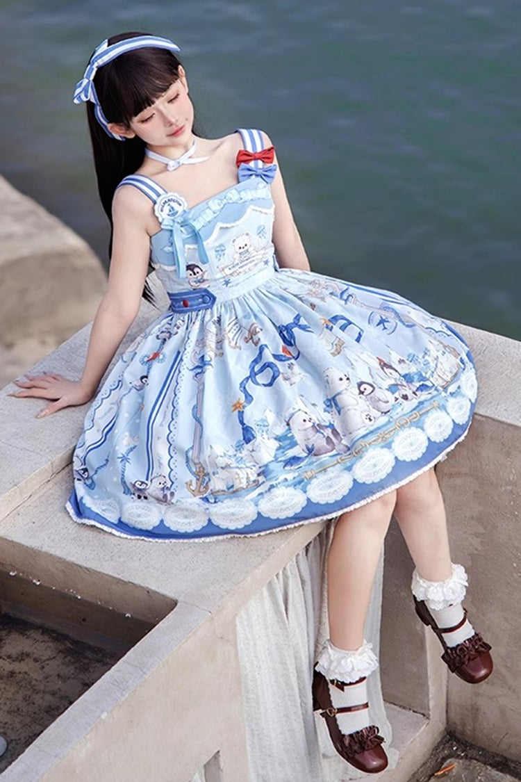 Blue [Penguin Navy] Print Ruffle Bowknot Sweet Princess Lolita Jsk Dress - Product - 3