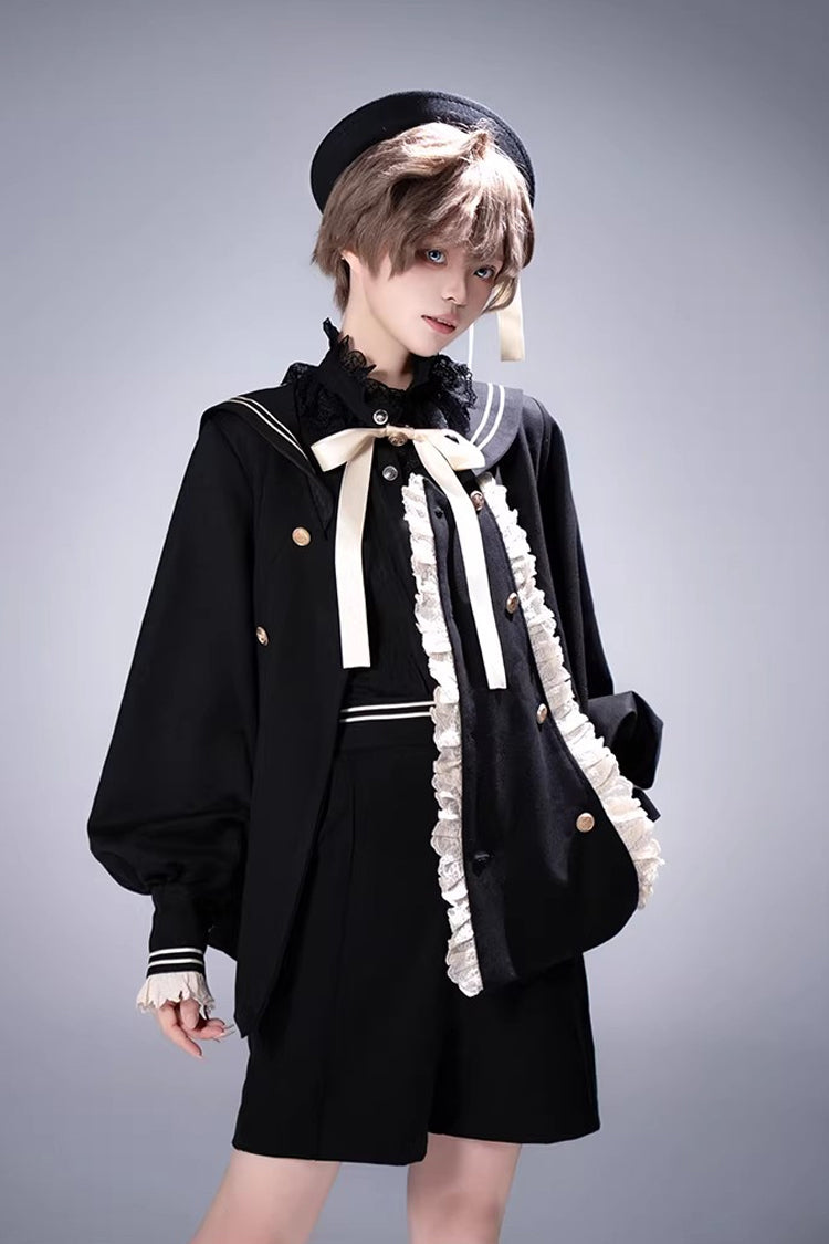 Black [City of Mist] Navy Collar Long Sleeves Gothic College Style Prince Ouji Lolita Shorts Coat Set - Product - 3