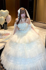 White [Maiden’s Love] Off Shoulder Triple-Layered Ruffled Hanayome Bow Lace Sweet Princess Lolita Dress - Product - 13