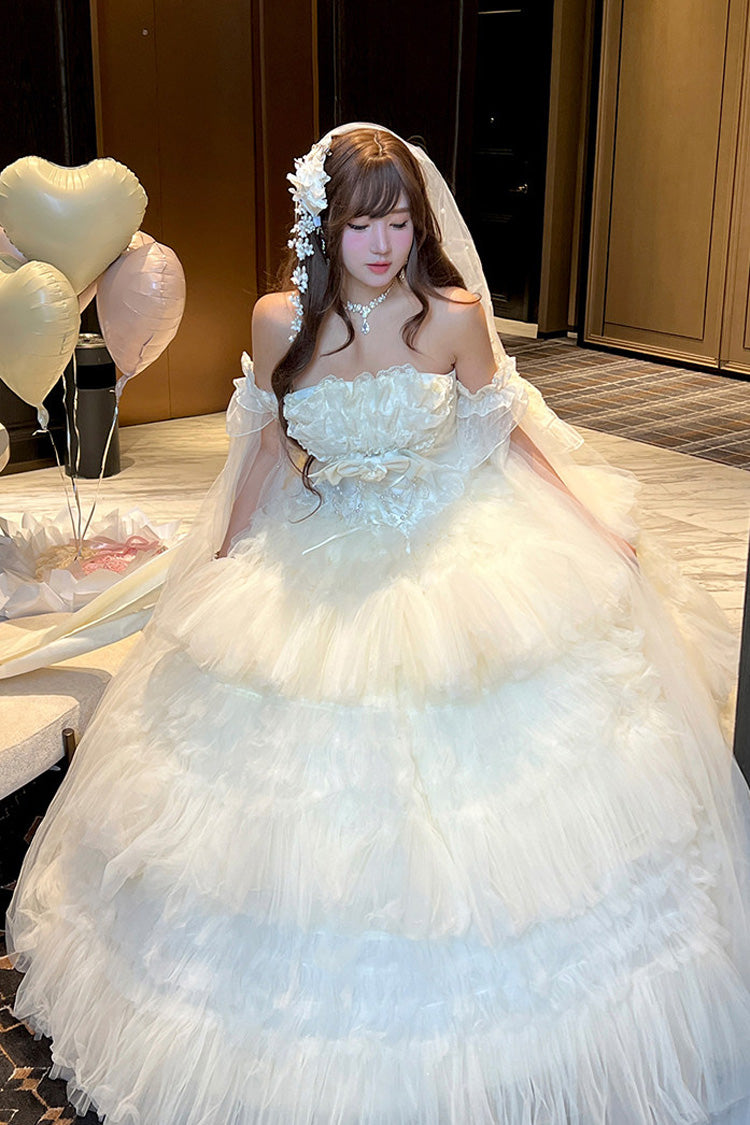 White [Maiden’s Love] Off Shoulder Triple-Layered Ruffled Hanayome Bow Lace Sweet Princess Lolita Dress - Product - 13
