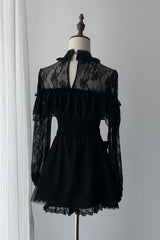 Black [Lace Doll] Round Collar Long Sleeves Ruffled Cut-Out Embroidered Bow Lace Gothic Jirai Kei Japanese Dress - Product - 3