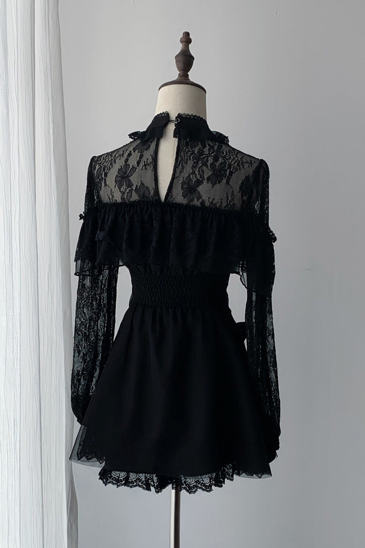 Black [Lace Doll] Round Collar Long Sleeves Ruffled Cut-Out Embroidered Bow Lace Gothic Jirai Kei Japanese Dress - Product - 3