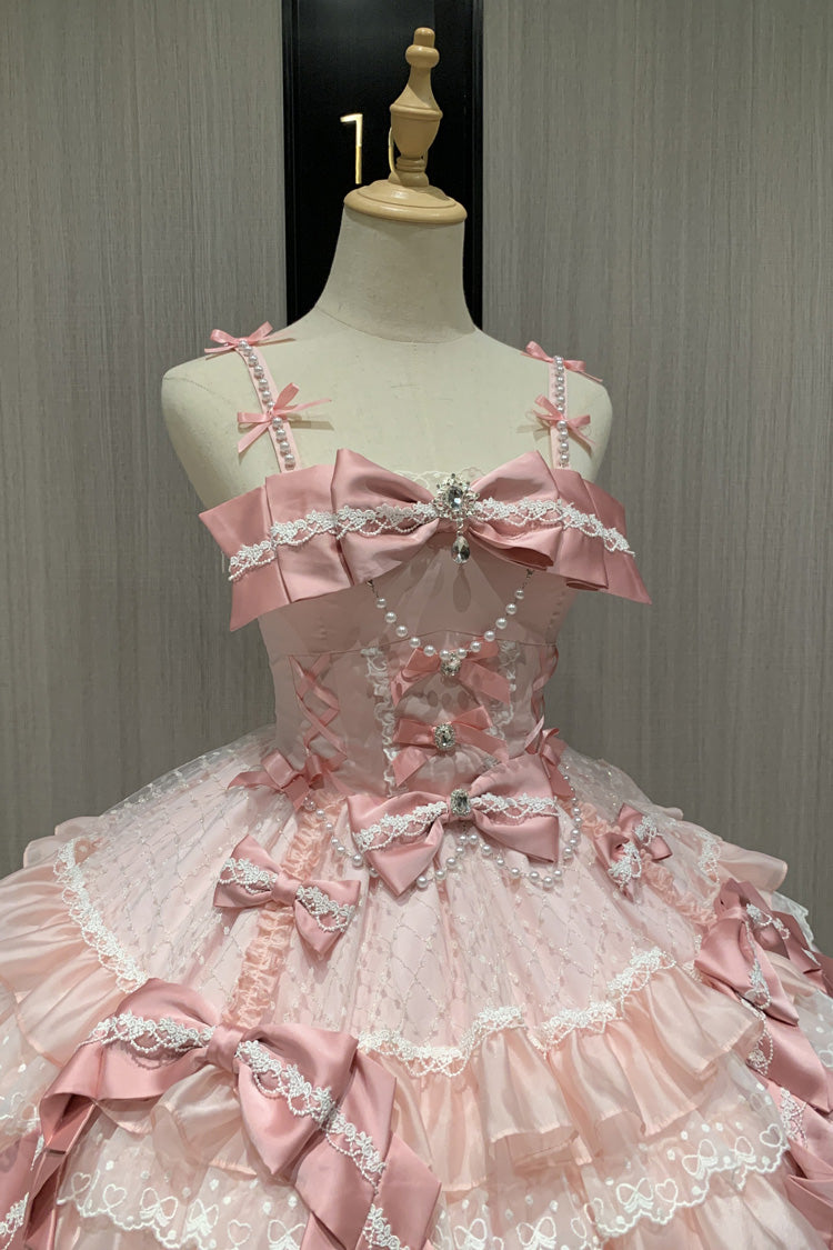 Pink [Love of Gemstones] Sleeveless Triple-Layered Ruffled Bow Lace Pearl-Decorated Sweet Lolita Jsk Dress - Product - 7