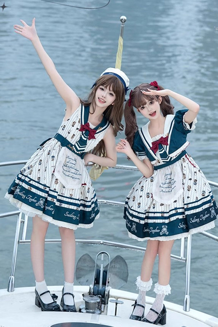Blue/White Bear Print Navy Ruffle Bowknot Sweet Princess Lolita Jsk Dress - Product - 7