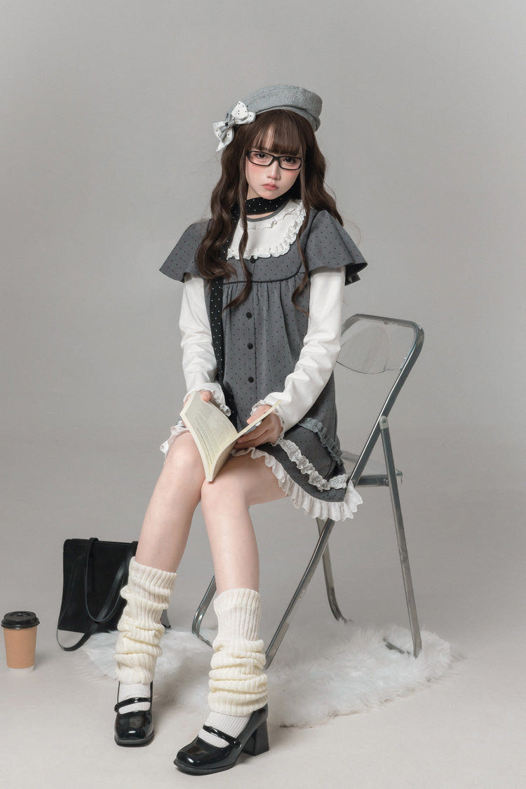 Grey Square Collar Long Sleeves Polka Dot Printed Ruffled Sweet Lolita Dress - Product - 8