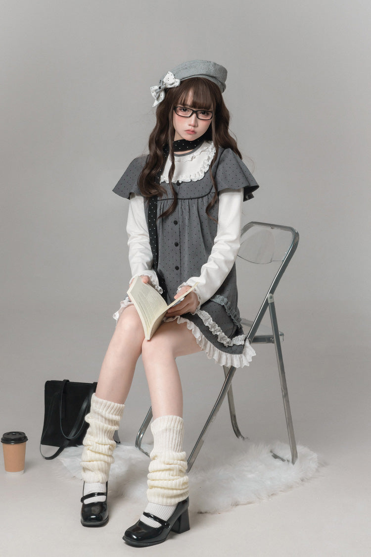 Grey Square Collar Long Sleeves Polka Dot Printed Ruffled Sweet Lolita Dress - Product - 8