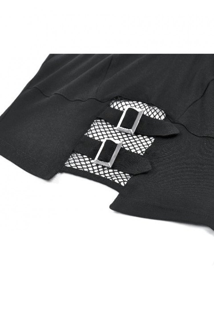 Black Women's Punk Halterneck Cross Double Buckled Waist Mesh Splice Tank Top - Product - 14