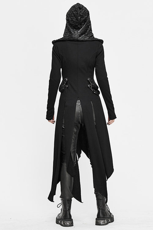 Black Hooded Slim Knitted Long Womens Punk Coat - Product - 3