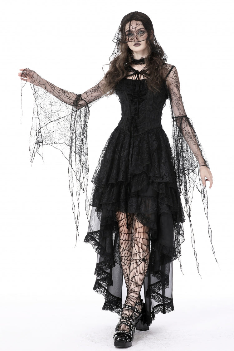 Black Spider Exaggerated Long Flared Sleeves Lace-Up Sheer Women's Gothic Cape with Hood - Product - 11