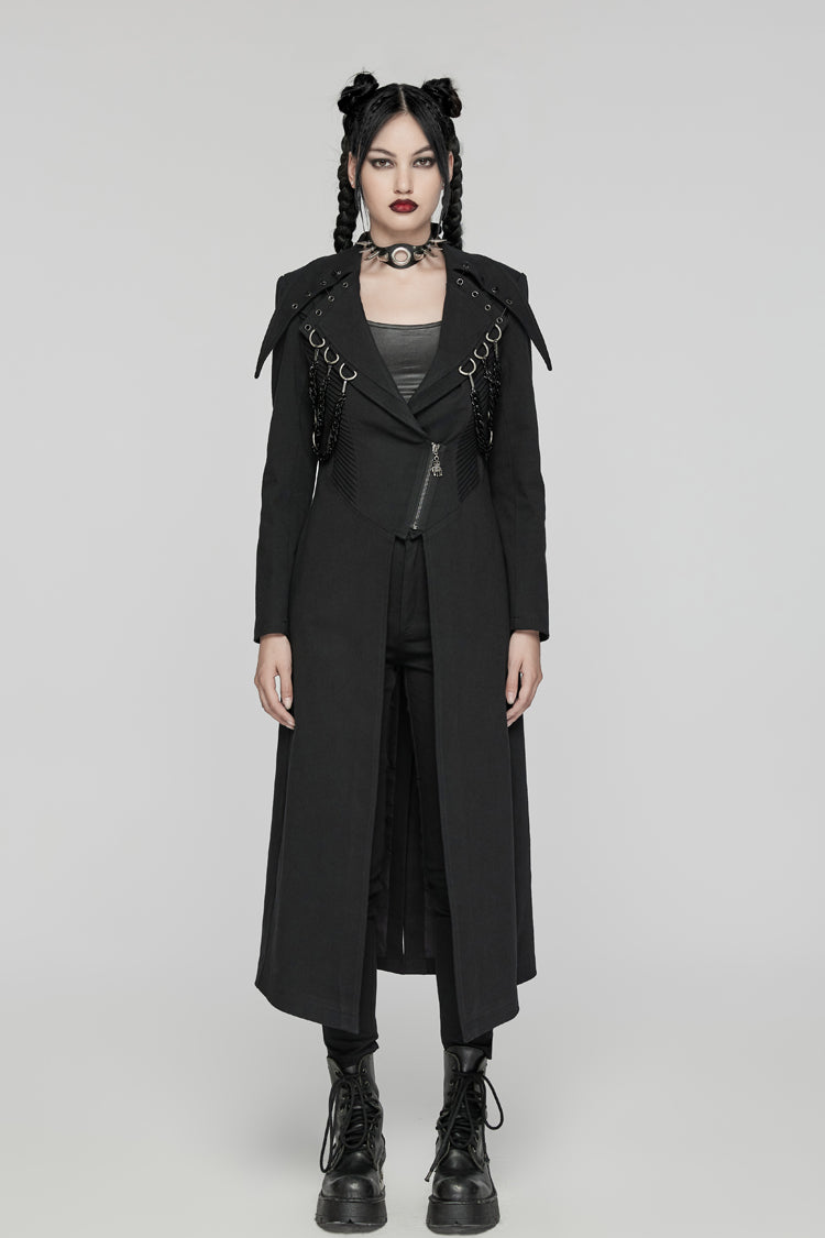 Black Lapel Collar Metal Chains Long Sleeves Women's Punk Long Coat - Product - 2