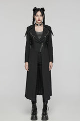Black Lapel Collar Metal Chains Long Sleeves Women's Punk Long Coat - Product - 2