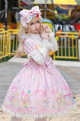 [Macaron Dolly House] Doll Collar Short Sleeves Print Bowknot Sweet Lolita Dress 3 Colors - Product - 8