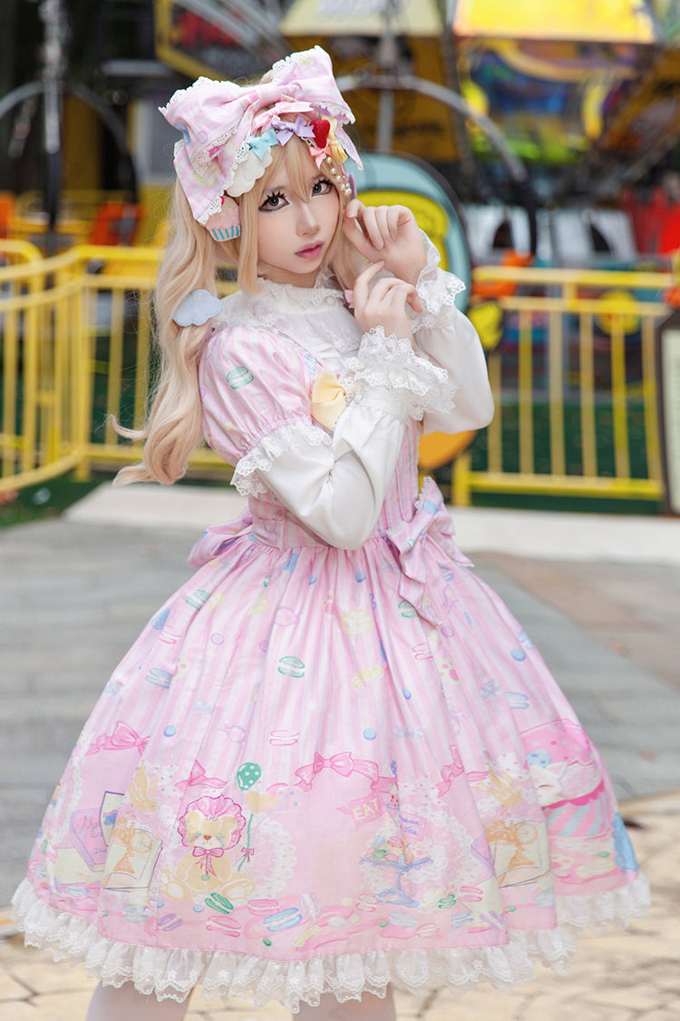 [Macaron Dolly House] Doll Collar Short Sleeves Print Bowknot Sweet Lolita Dress 3 Colors - Product - 8