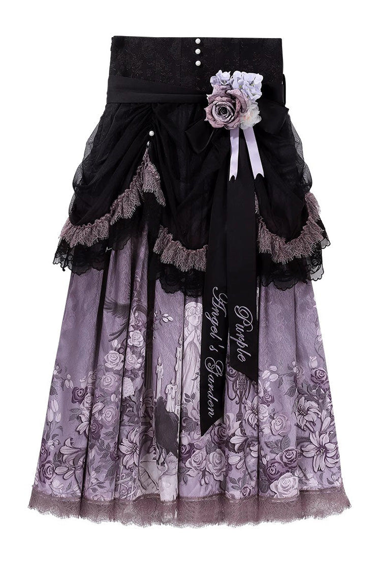 Black/Purple [Angel Garden] Sleeveless Print Ruffle Bowknot Lace Sweet Gothic Lolita Skirt Set - Product - 6