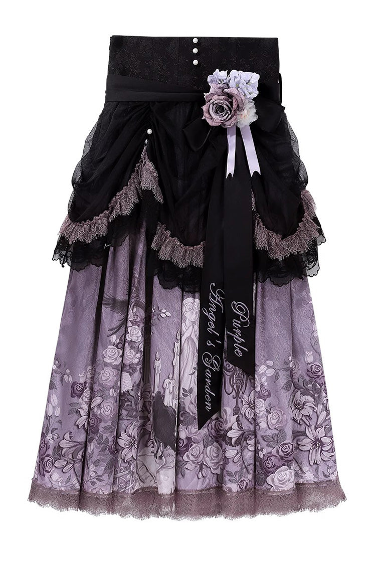 Black/Purple [Angel Garden] Sleeveless Print Ruffle Bowknot Lace Sweet Gothic Lolita Skirt Set - Product - 6