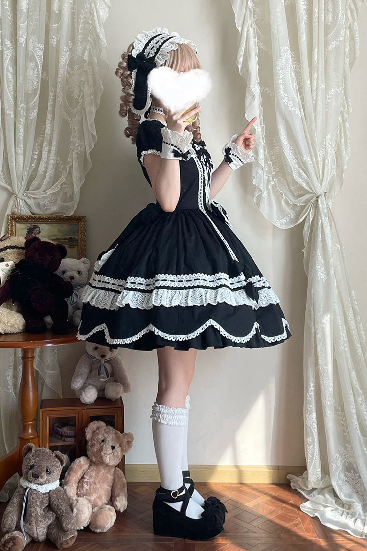 Black [Petal Bunny] Cotton Square Collar Short Sleeves Double-Layered Ruffled Bow Lace Lace-Up Sweet Lolita Dress - Product - 8