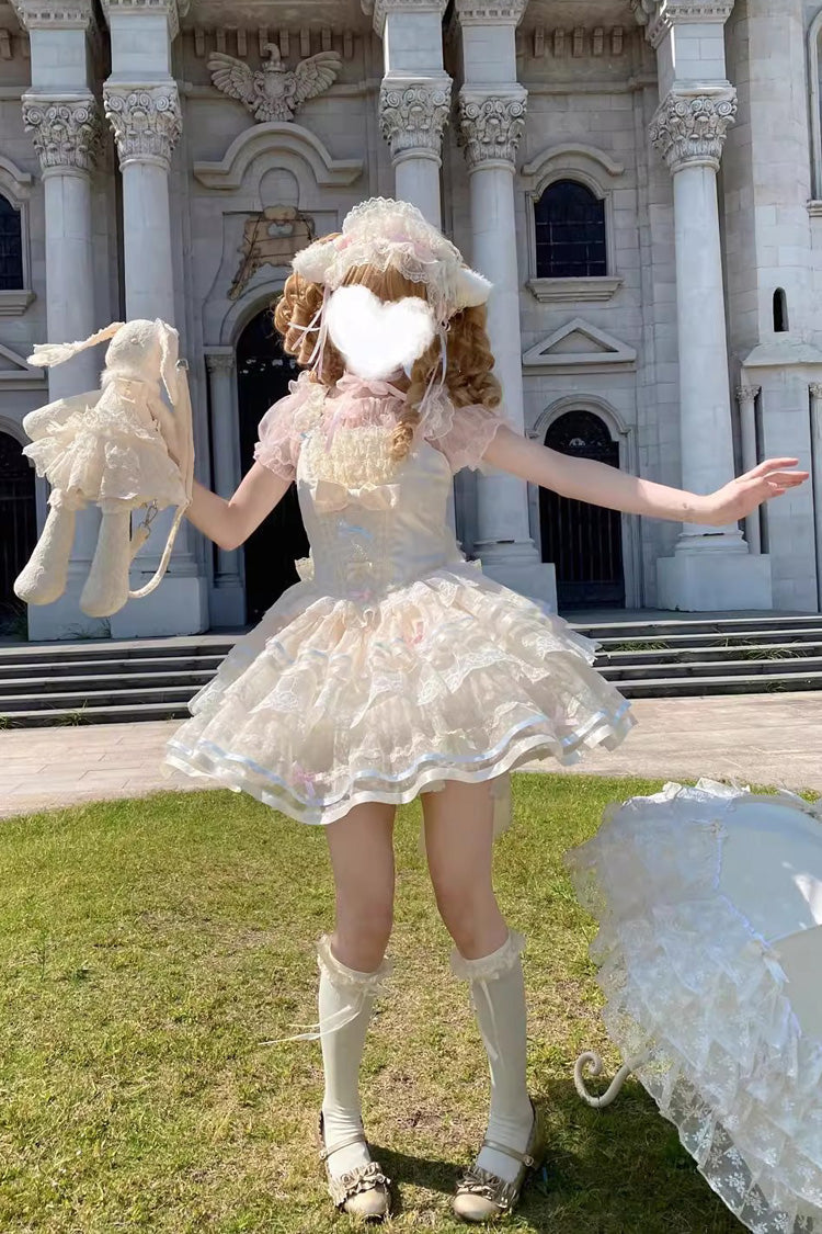 Apricot [Butterfly Heart Ballet] Triple-Layered Ruffle Bowknot Lace Sweet Ballet Lolita Jsk Dress - Product - 7