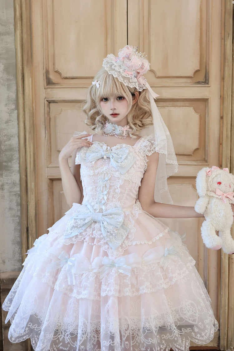 ピンク [Bunny Dream Letter] スクエアカラー フラッター袖 ジャカード フリルリボンレース スウィート プリンセス バレエコア ロリータ ジャンパースカート（JSK） 商品画像