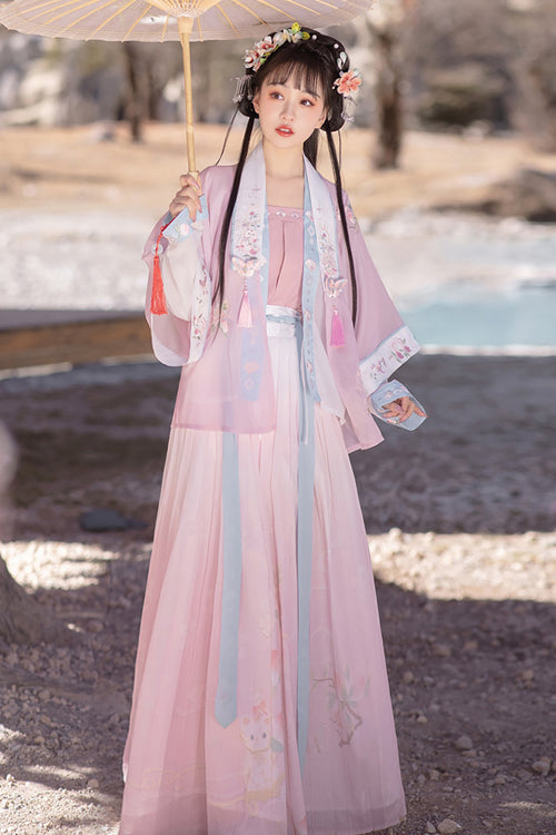 Pink Chinese Song Dynasty Ancient Naughty Cat Embroidery Four Piece Sweet Hanfu Dress - Product - 2