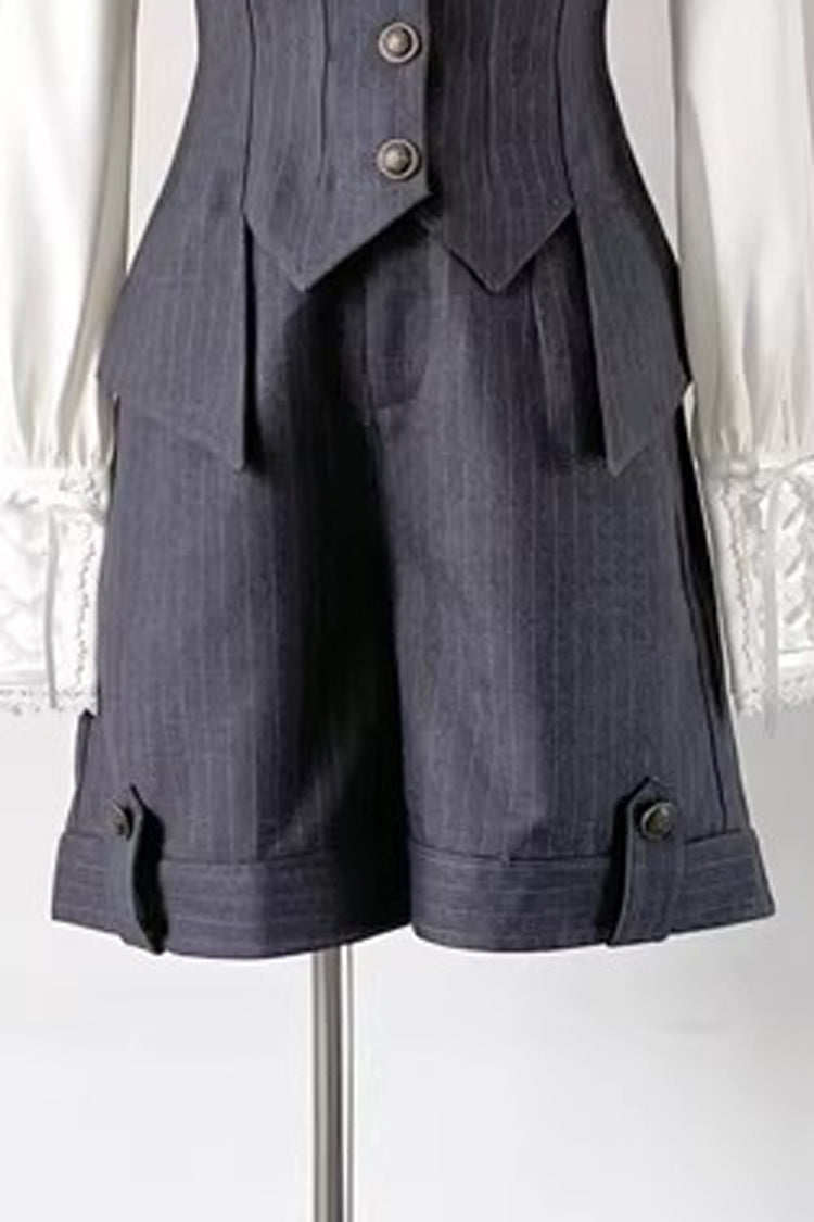 Grey [Griffin’s Pact] Bust Support Striped Printed Gothic Ouji Lolita Shorts Vest Set - Shorts - 4