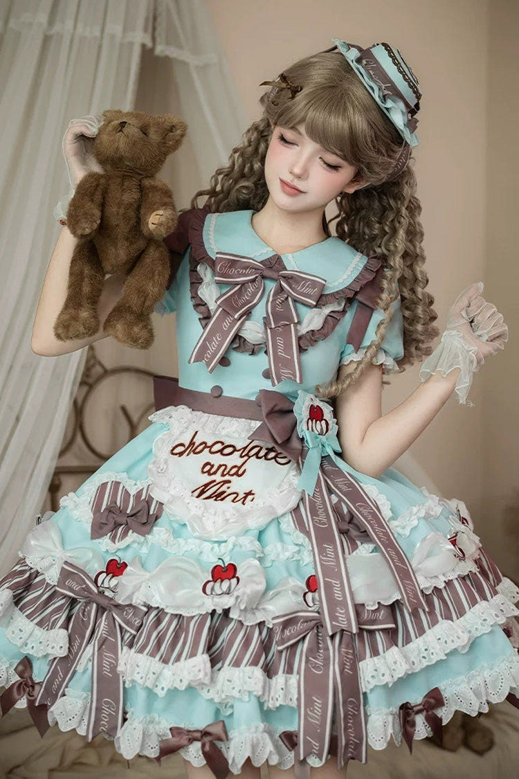 Green [Cherry Mille-Feuille] Lapel Collar Short Sleeves Triple-Layered Printed Ruffled Bow Lace Princess Sweet Lolita Dress - Green - 1