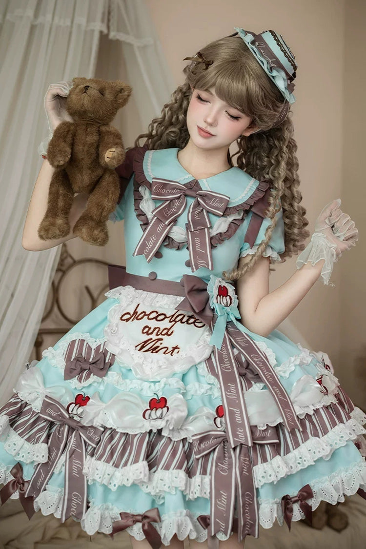 Green [Cherry Mille-Feuille] Lapel Collar Short Sleeves Triple-Layered Printed Ruffled Bow Lace Princess Sweet Lolita Dress - Green - 1