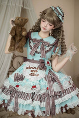 Green [Cherry Mille-Feuille] Lapel Collar Short Sleeves Triple-Layered Printed Ruffled Bow Lace Princess Sweet Lolita Dress - Green - 1
