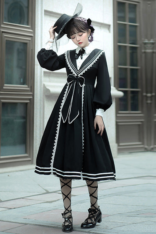 Black Elegant Bowknot Long Sleeves College Style Gothic Lolita Dress - Product - 2