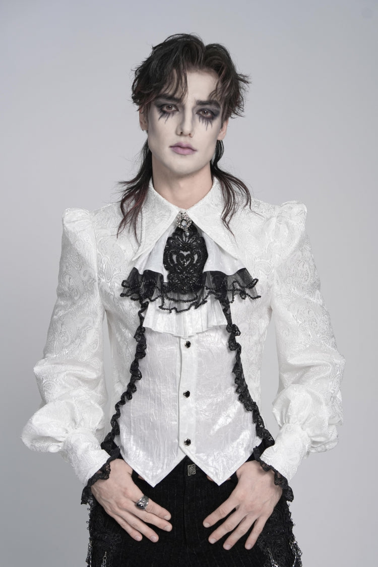 White Lapel Collar Long Sleeves Jacquard Swallow-tailed Lace Men's Gothic Palace Shirt - White - 3