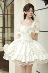 White [Letters and Poems] Square Collar Short Sleeves Ruffle Hanayome Bowknot Sweet Elegant Gorgeous Lolita Dress - Product - 10