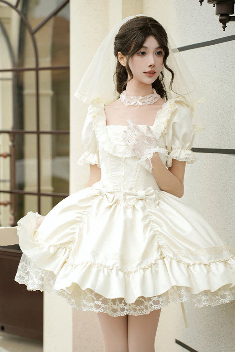 White [Letters and Poems] Square Collar Short Sleeves Ruffle Hanayome Bowknot Sweet Elegant Gorgeous Lolita Dress - Product - 10
