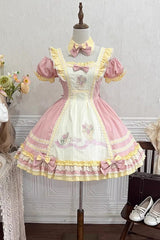 Pink Short Sleeves Tulip Print Ruffle Bowknot Sweet Lolita Dress - Product - 3