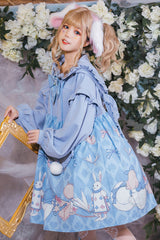 Blue Lantern Long Sleeves Alice Rabbit Print Hooded Cute Sweet Lolita OP Dress - Product - 3
