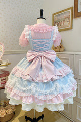 Blue/Pink [Fondant Cake] Sleeveless Multi-Layered Ruffle Bowknot Lace Sweet Lolita Jsk Dress - Product - 11