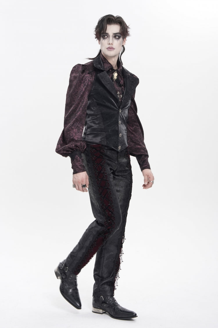 Black Lapel Collar Jacquard Lace Slim Men's Gothic Vest - Product - 5