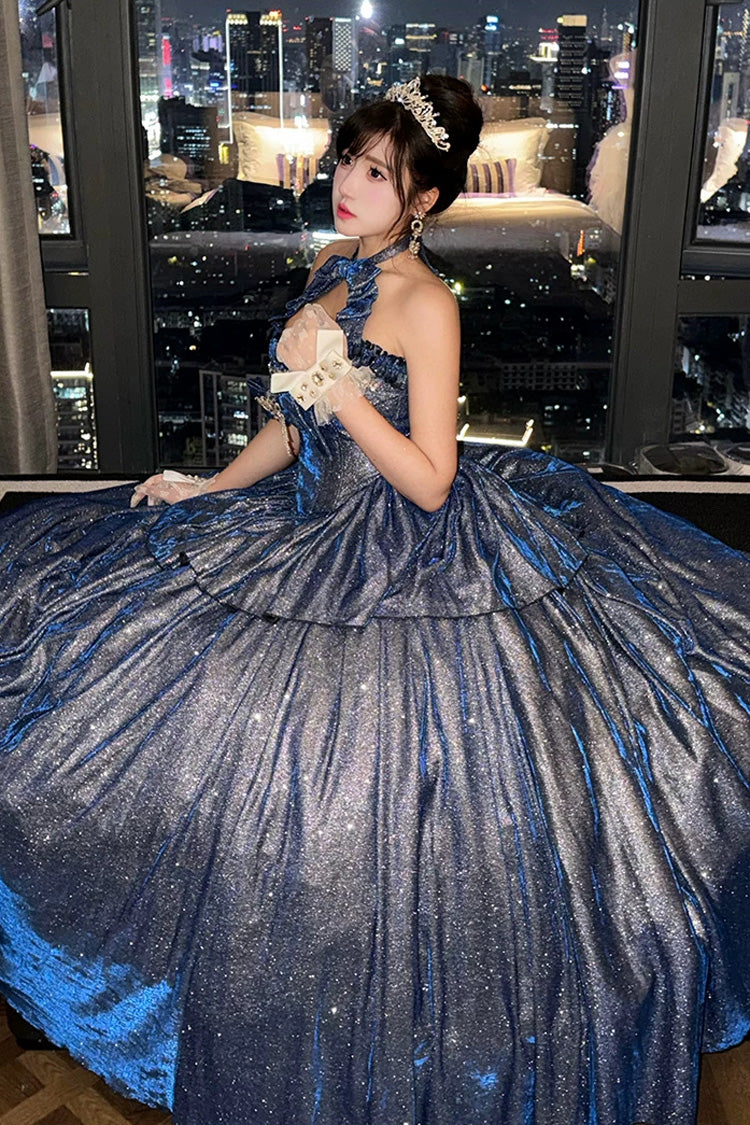 Blue [Paris-Inspired] Sleeveless Glitter Series Ruffled Cut-Out Bow Sweet Lolita Skirt Set - Product - 2