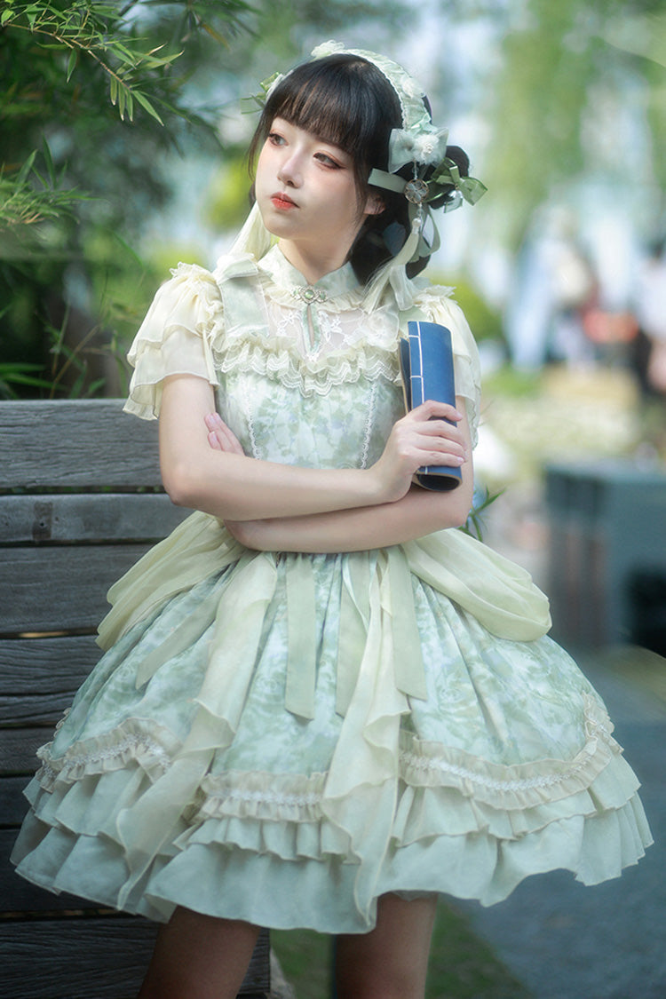 Green Pepper Chiffon Double-Layered Ruffle Bowknot Lace Sweet Chinese Style Lolita Dress - Product - 11