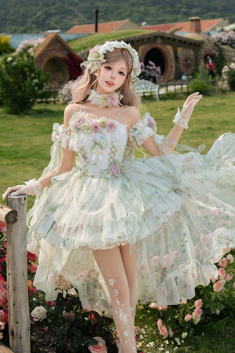 Green [Spring Rose] Sleeveless Multi-Layered Bowknot Lace-Up Fishbone Sweet Lolita Jsk Dress - Product - 8