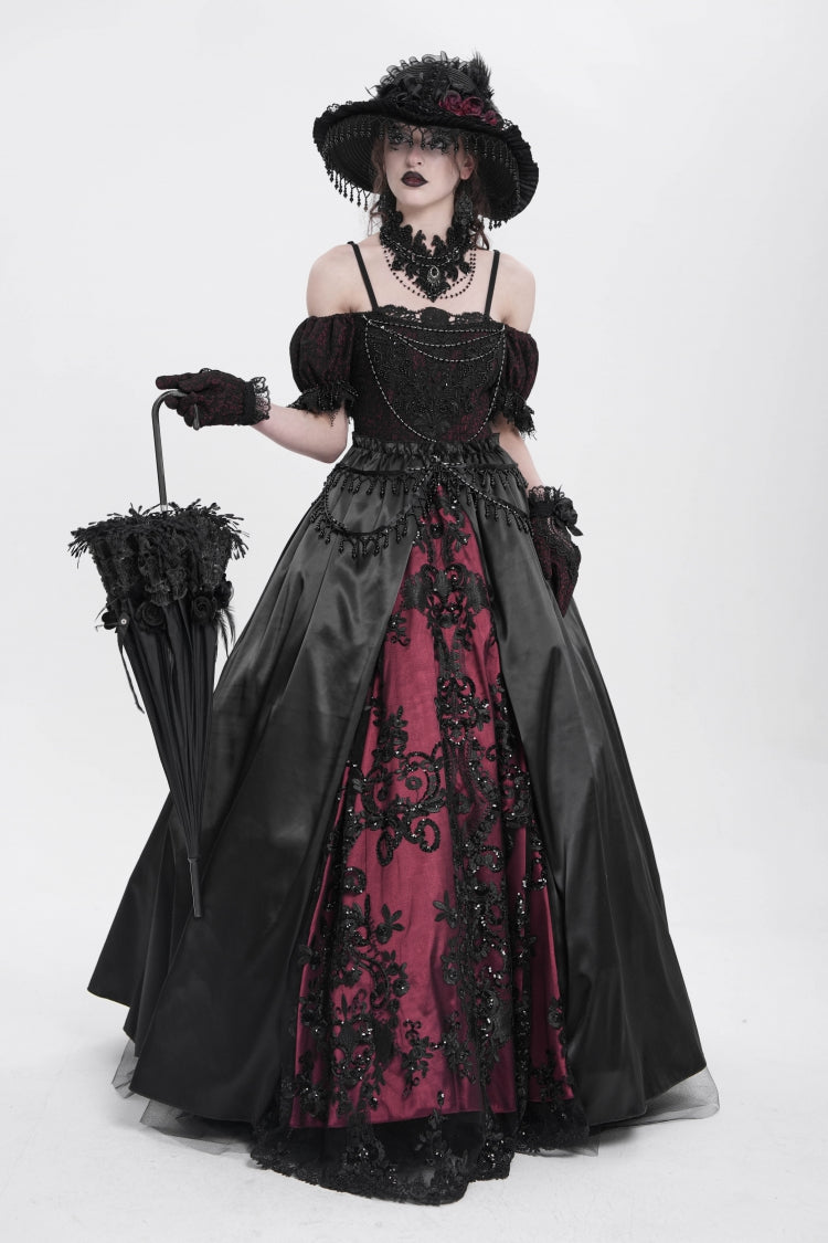 Black/Red Off Shoulder Embroidery Stitching Lace Women's Gothic Dress - Product - 8