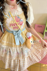 Yellow [Happy Day] Short Sleeves Triple-Layered Print Bowknot Lace Sweet Princess Lolita Dress - Product - 12
