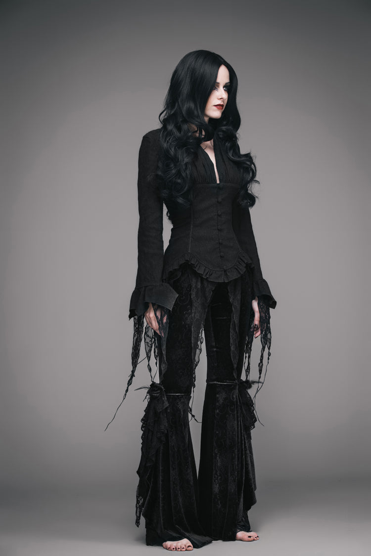 Black Retro Slim Deep V-Neck Tassel Long Sleeve Punk Blouse - Product - 3