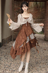 Brown [Dune Traveler] Printed Ruffled Spliced Asymmetric Punk Vintage Lolita Jsk Dress Set - Product - 8