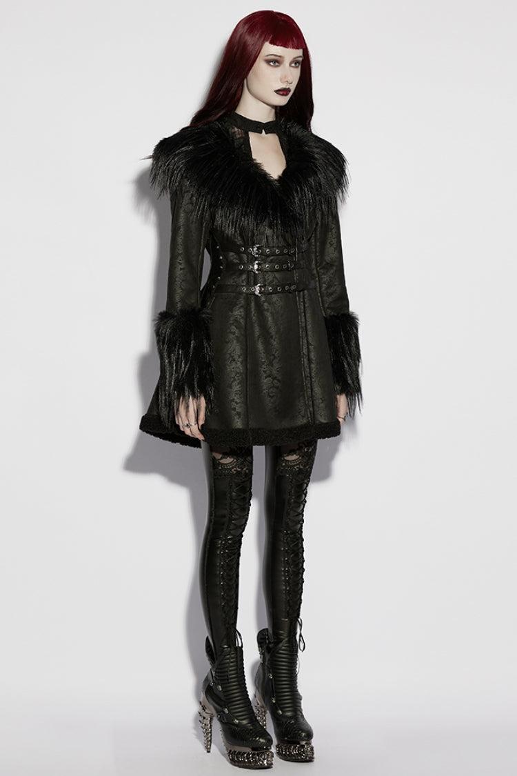 Black Plush Lapel Collar Long Sleeves Buckle Straps Women's Gothic Coat - Product - 2