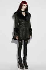 Black Plush Lapel Collar Long Sleeves Buckle Straps Women's Gothic Coat - Product - 2