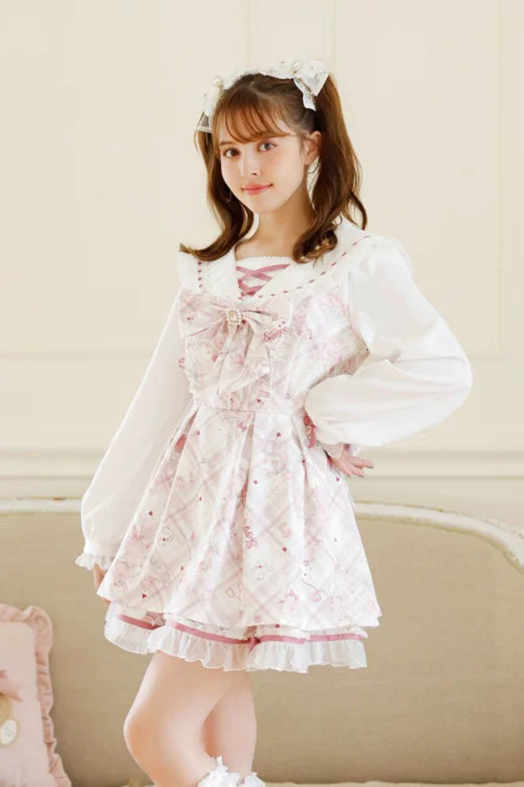 [Sewing Bear] Long Sleeves Print Bowknot Lace Sweet Jirai Kei Plus Size Dress 3 Colors - Product - 7