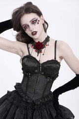 Black Sleeveless Ruffle Embroidery Lace-Up Women's Gothic Tank Top - Product - 4